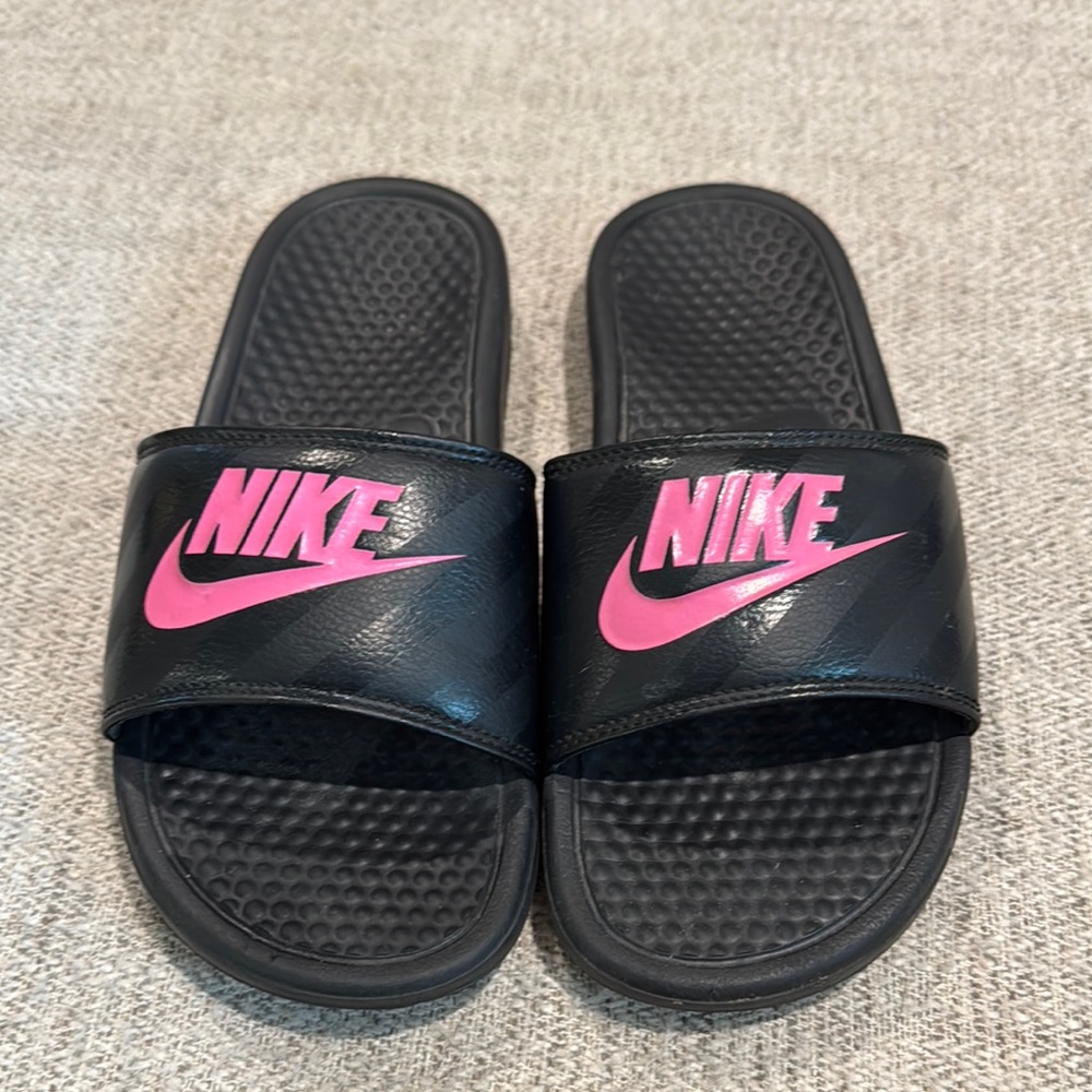 Nike Black Slides with Pink Logo